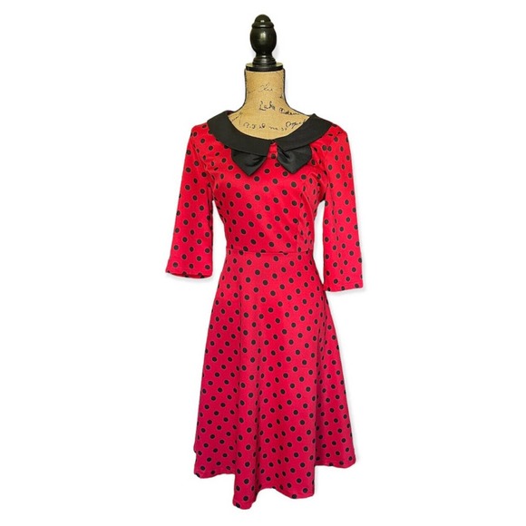 LINDY BOP DRESS POLKA DOT ROCKABILLY MIDI SWING RED BLACK MEDIUM M - Picture 1 of 5